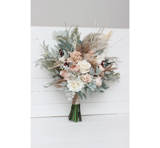 Boho Bridal Bouquet with Pampas Grass | Blush Pink, Beige & Cream Faux Wedding Flowers