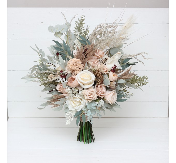 Boho Bridal Bouquet with Pampas Grass | Blush Pink, Beige & Cream Faux Wedding Flowers