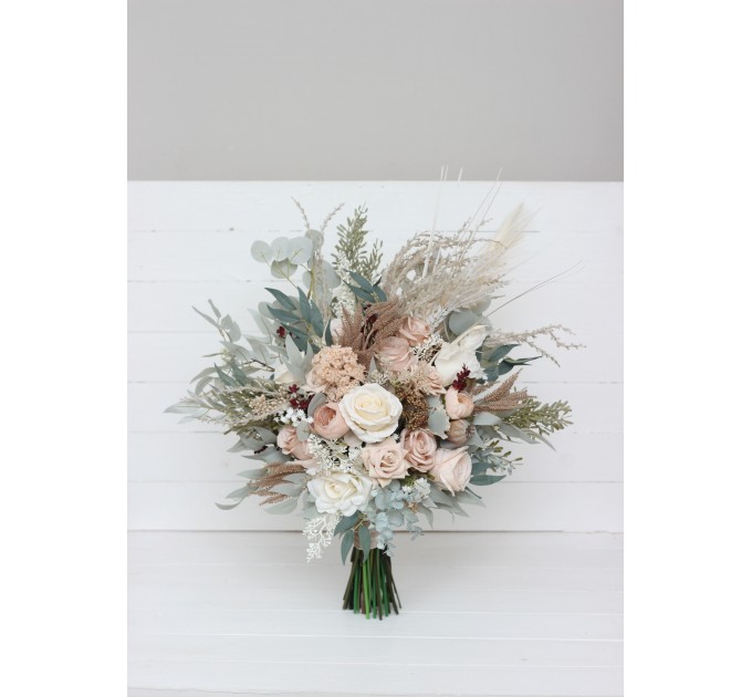 Boho Bridal Bouquet with Pampas Grass | Blush Pink, Beige & Cream Faux Wedding Flowers