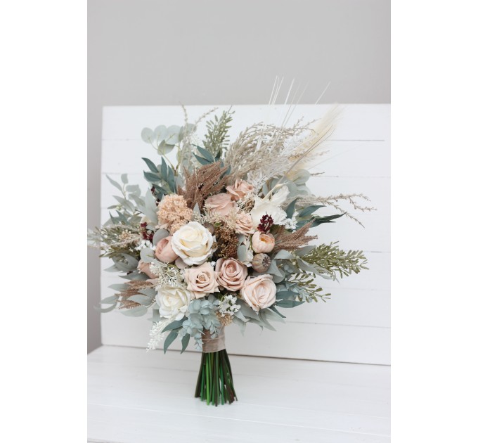Boho Bridal Bouquet with Pampas Grass | Blush Pink, Beige & Cream Faux Wedding Flowers