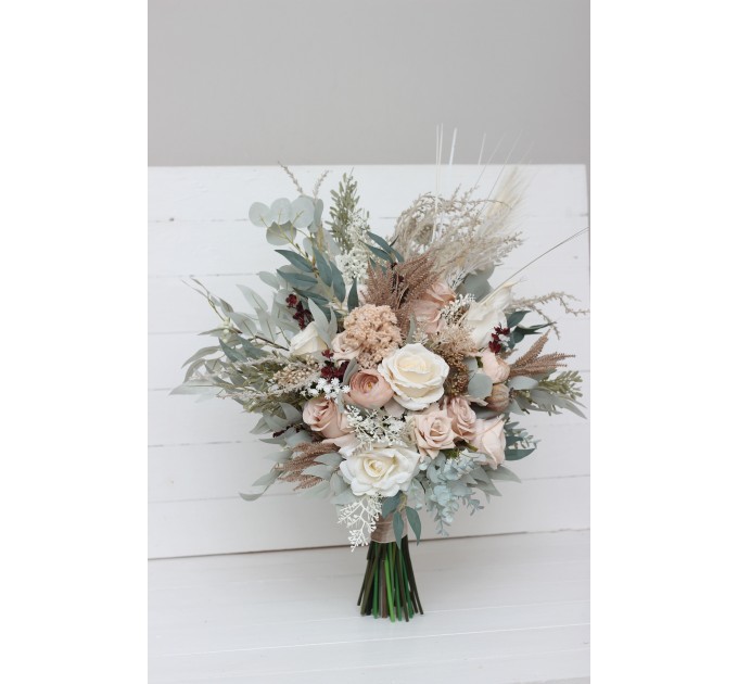Boho Bridal Bouquet with Pampas Grass | Blush Pink, Beige & Cream Faux Wedding Flowers