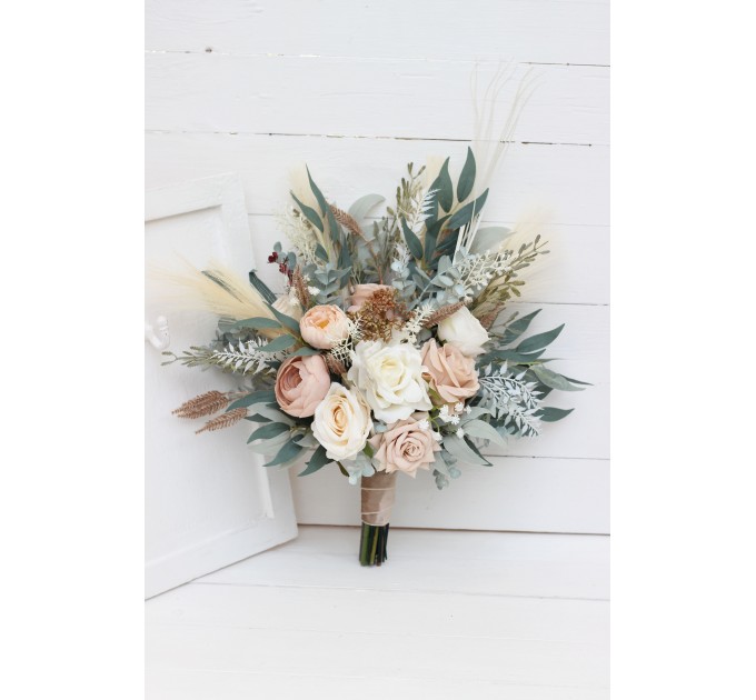 Boho Bridal Bouquet with Pampas Grass | Blush Pink, Beige & Cream Faux Wedding Flowers