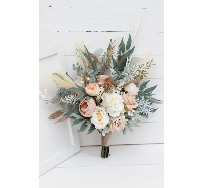 Boho Bridal Bouquet with Pampas Grass | Blush Pink, Beige & Cream Faux Wedding Flowers