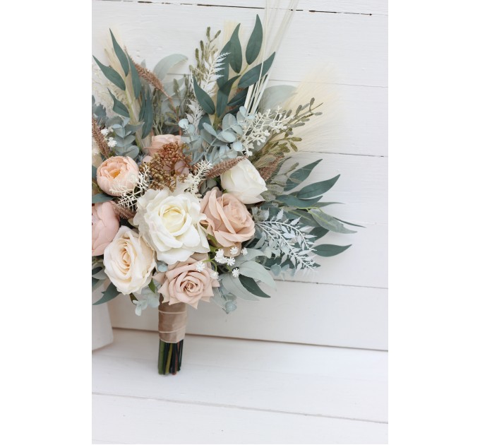 Boho Bridal Bouquet with Pampas Grass | Blush Pink, Beige & Cream Faux Wedding Flowers
