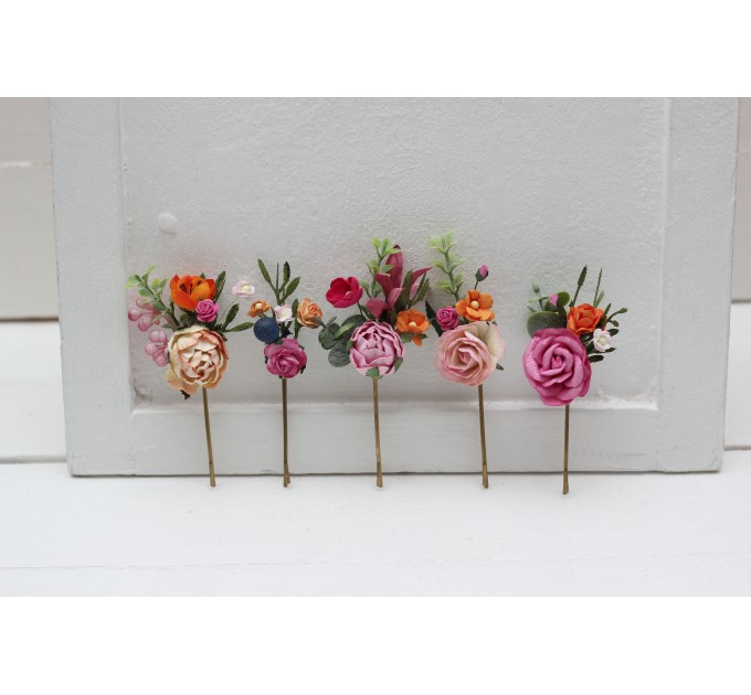 Set of  5 bobby pins in orange pink magenta  color scheme. Jewel-tone wedding. Hair accessories. Flower accessories for wedding. 5127