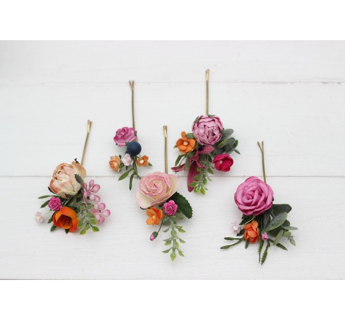  Set of  5 bobby pins in orange pink magenta  color scheme. Jewel-tone wedding. Hair accessories. Flower accessories for wedding. 5127