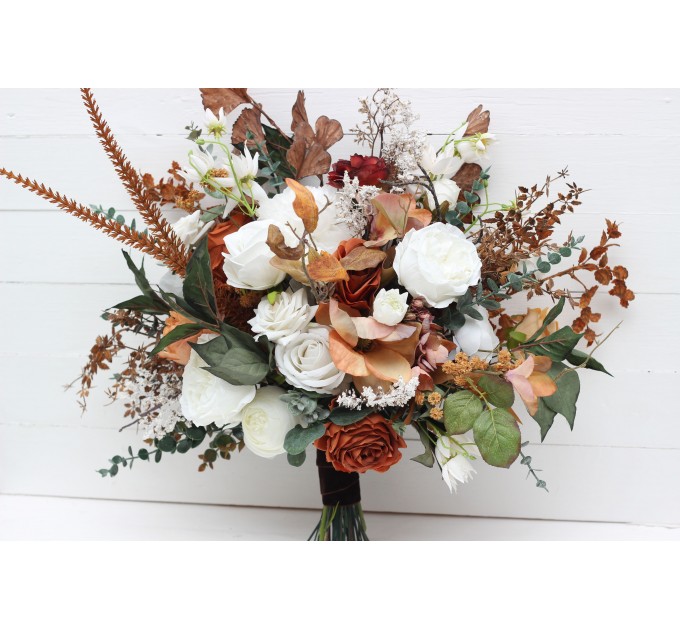 Wedding bouquets in white rust terracotta colors. Bridal bouquet. Faux bouquet. Bridesmaid bouquet. 5129
