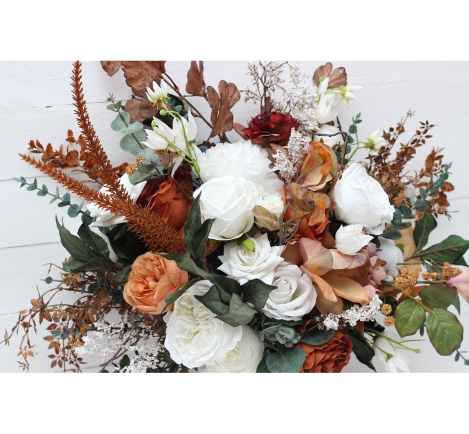 Wedding bouquets in white rust terracotta colors. Bridal bouquet. Faux bouquet. Bridesmaid bouquet. 5129