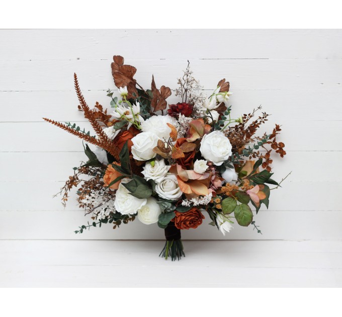 Wedding bouquets in white rust terracotta colors. Bridal bouquet. Faux bouquet. Bridesmaid bouquet. 5129