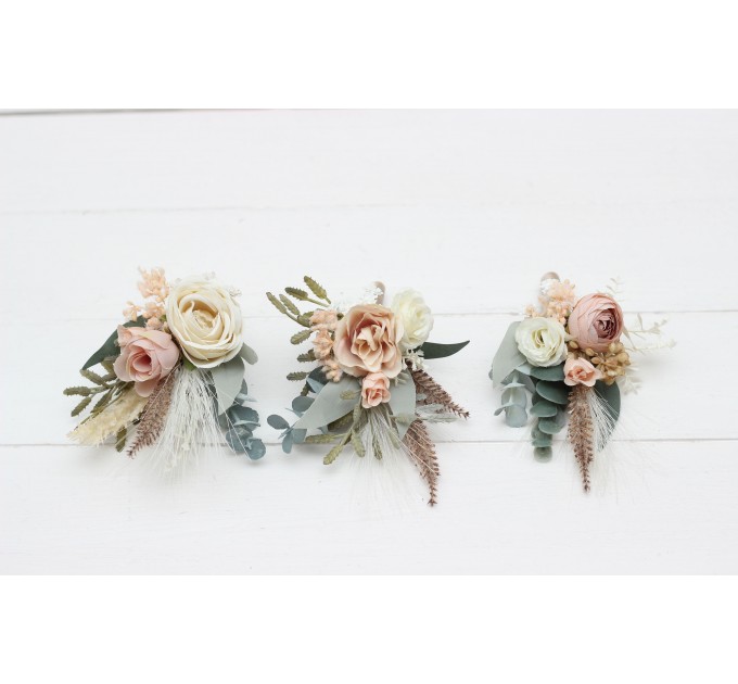  Wedding boutonnieres and wrist corsage  in blush pink beige cream color scheme. Flower accessories. 5132