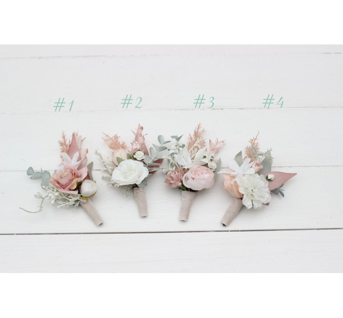  Wedding boutonnieres and wrist corsage  in white blush pink color scheme. Flower accessories. 5128