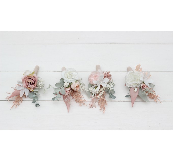  Wedding boutonnieres and wrist corsage  in white blush pink color scheme. Flower accessories. 5128