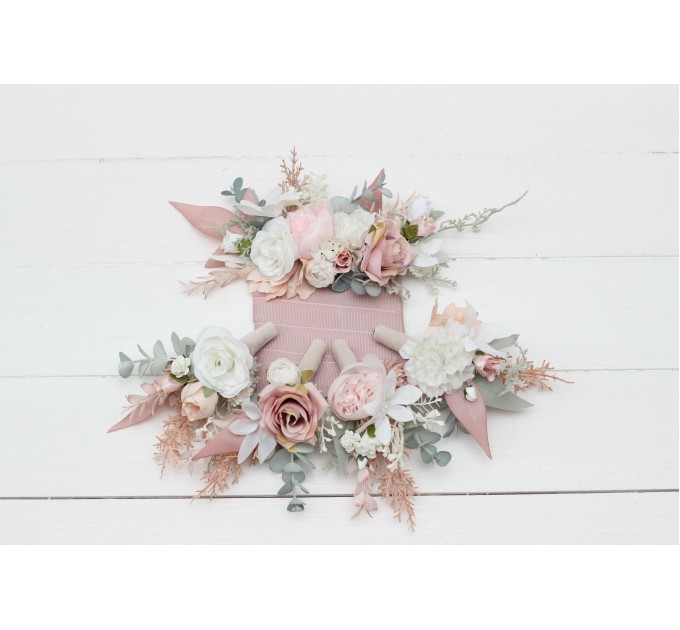  Wedding boutonnieres and wrist corsage  in white blush pink color scheme. Flower accessories. 5128
