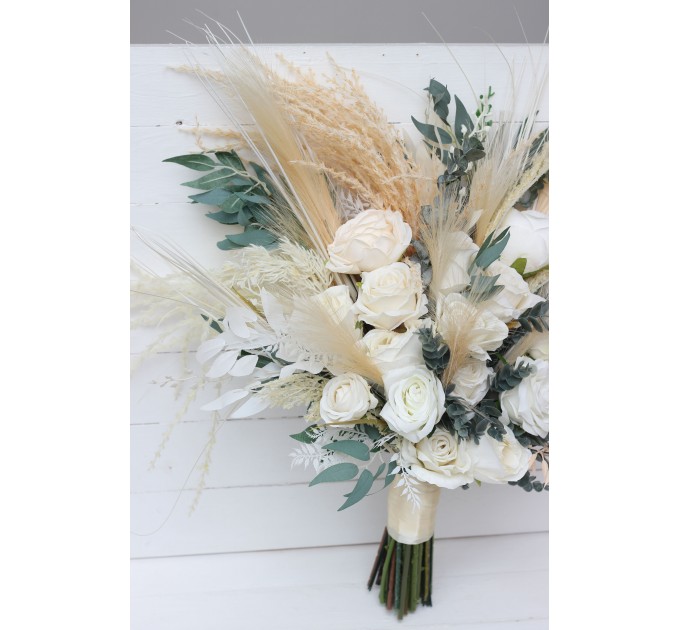 Boho Pampas Grass Bridal Bouquet | Ivory & Cream Faux Wedding Flowers