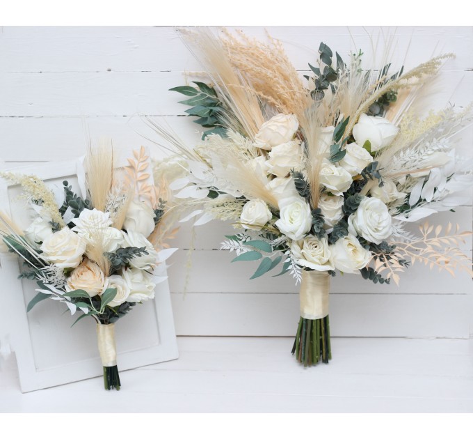 Boho Pampas Grass Bridal Bouquet | Ivory & Cream Faux Wedding Flowers
