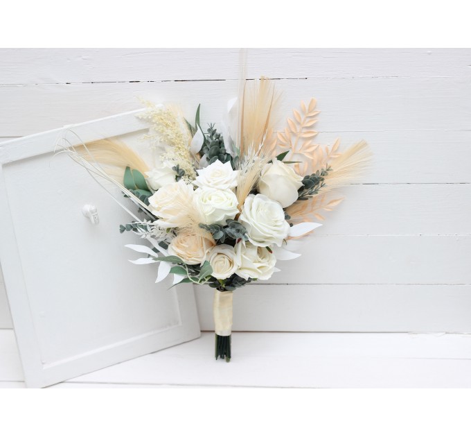 Boho Pampas Grass Bridal Bouquet | Ivory & Cream Faux Wedding Flowers