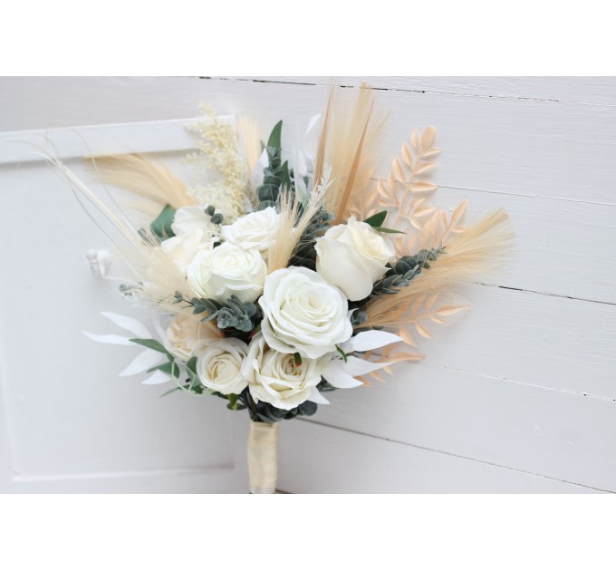 Boho Pampas Grass Bridal Bouquet | Ivory & Cream Faux Wedding Flowers