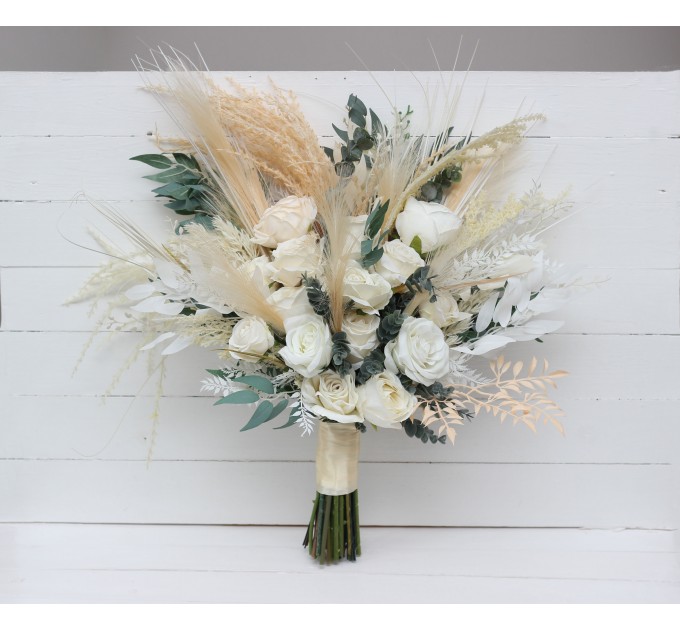 Boho Pampas Grass Bridal Bouquet | Ivory & Cream Faux Wedding Flowers