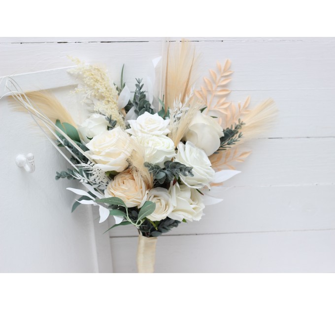 Boho Pampas Grass Bridal Bouquet | Ivory & Cream Faux Wedding Flowers