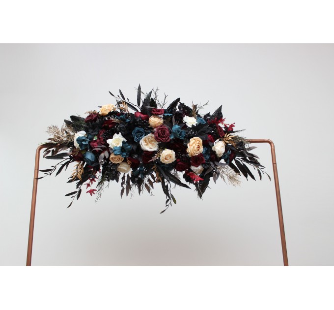  Flower arch arrangement in dark teal burgundy black cream colors.  Arbor flowers. Floral archway. Faux flowers for wedding arch. 5136