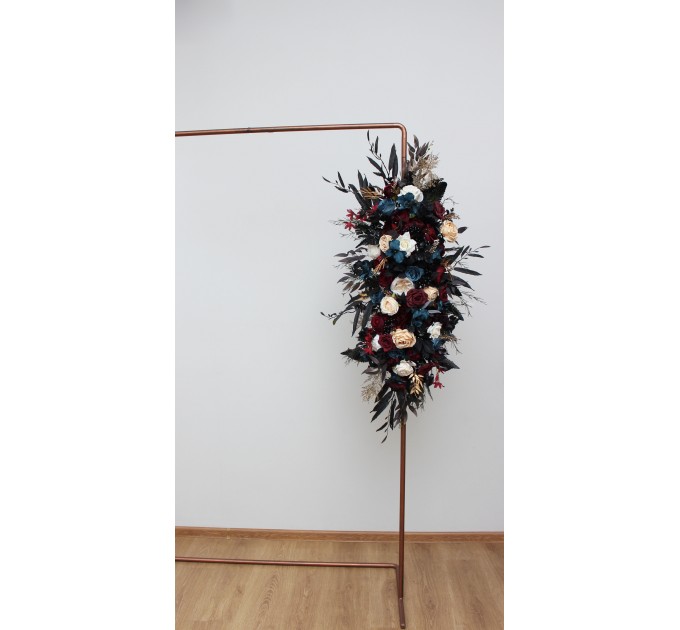  Flower arch arrangement in dark teal burgundy black cream colors.  Arbor flowers. Floral archway. Faux flowers for wedding arch. 5136