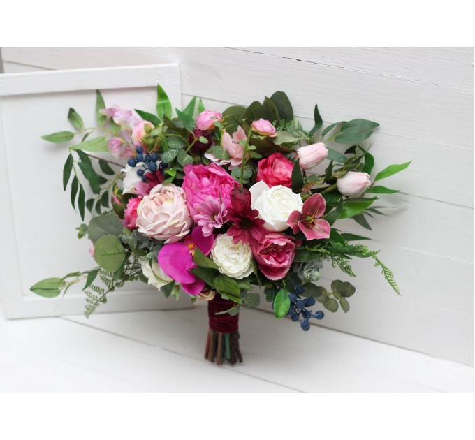 Jewel-Tone Bridal Bouquet in Emerald Green, Orange, Pink & Magenta | Faux Boho Wedding Flowers