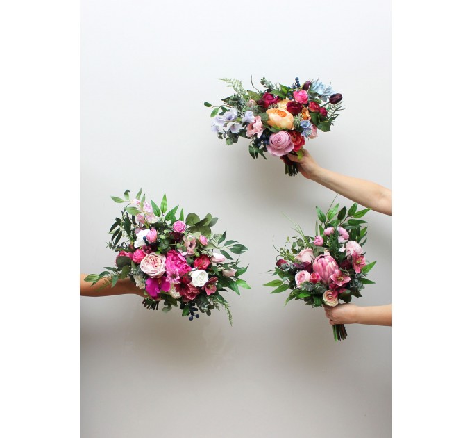 Jewel-Tone Bridal Bouquet in Emerald Green, Orange, Pink & Magenta | Faux Boho Wedding Flowers