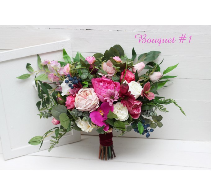 Jewel-Tone Bridal Bouquet in Emerald Green, Orange, Pink & Magenta | Faux Boho Wedding Flowers