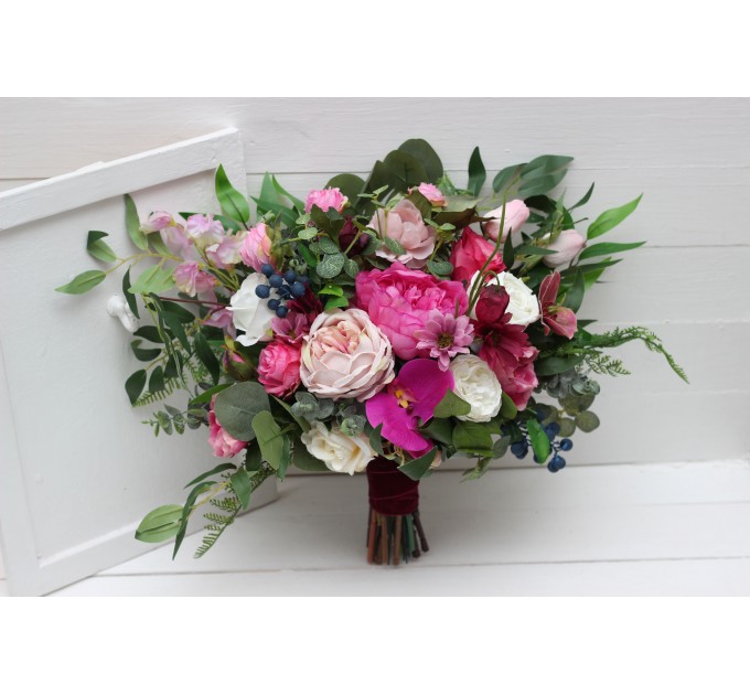 Jewel-Tone Bridal Bouquet in Emerald Green, Orange, Pink & Magenta | Faux Boho Wedding Flowers