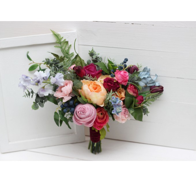 Jewel-Tone Bridal Bouquet in Emerald Green, Orange, Pink & Magenta | Faux Boho Wedding Flowers