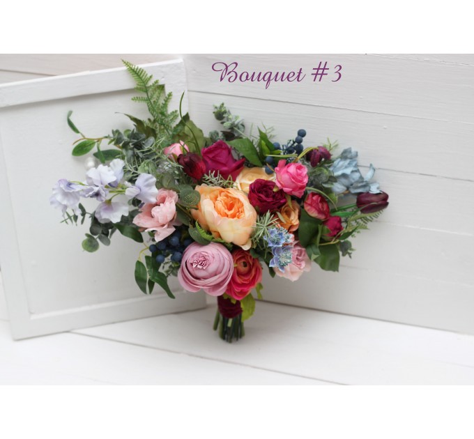 Jewel-Tone Bridal Bouquet in Emerald Green, Orange, Pink & Magenta | Faux Boho Wedding Flowers