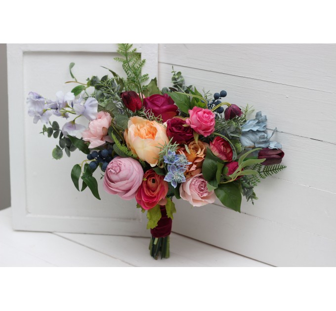 Jewel-Tone Bridal Bouquet in Emerald Green, Orange, Pink & Magenta | Faux Boho Wedding Flowers