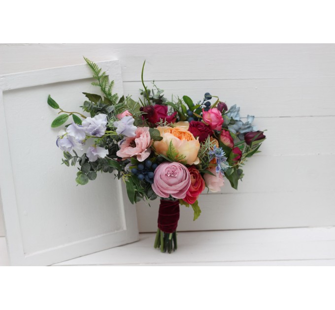 Jewel-Tone Bridal Bouquet in Emerald Green, Orange, Pink & Magenta | Faux Boho Wedding Flowers