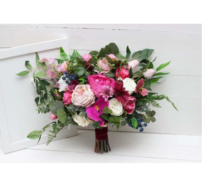 Jewel-Tone Bridal Bouquet in Emerald Green, Orange, Pink & Magenta | Faux Boho Wedding Flowers