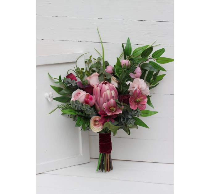 Jewel-Tone Bridal Bouquet in Emerald Green, Orange, Pink & Magenta | Faux Boho Wedding Flowers