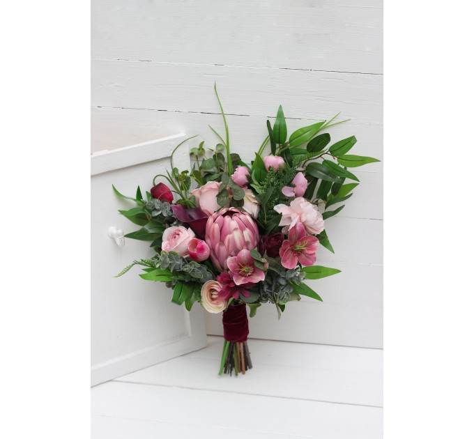 Jewel-Tone Bridal Bouquet in Emerald Green, Orange, Pink & Magenta | Faux Boho Wedding Flowers