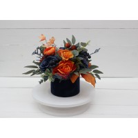 Navy blue orange centerpiece. Table decor. Wedding flowers in box. 5138