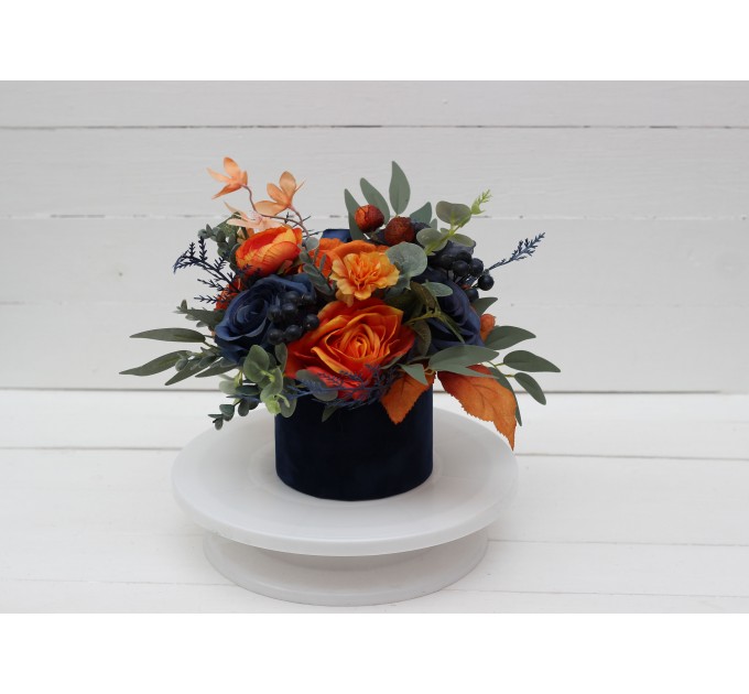 Navy blue orange centerpiece. Table decor. Wedding flowers in box. 5138