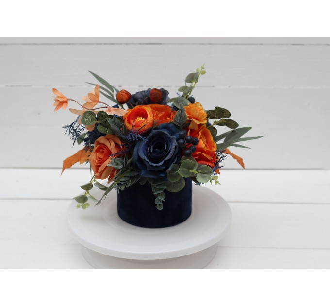 Navy blue orange centerpiece. Table decor. Wedding flowers in box. 5138