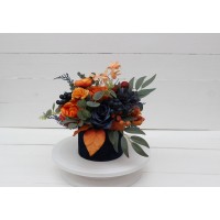 Navy blue orange centerpiece. Table decor. Wedding flowers in box. 5138