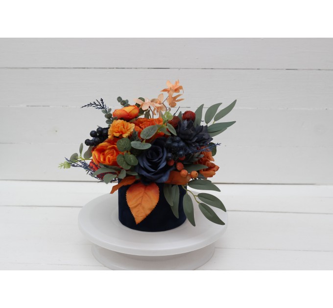 Navy blue orange centerpiece. Table decor. Wedding flowers in box. 5138