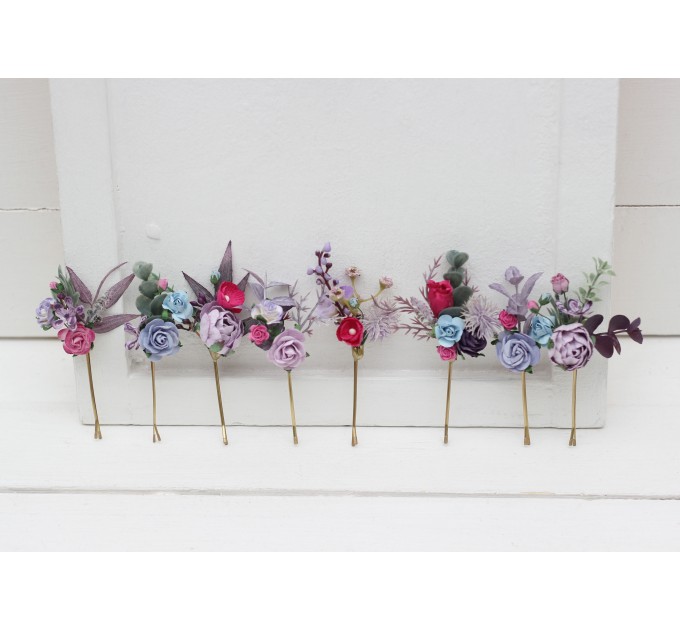  Set of  8 bobby pins in lavender magenta color scheme. Hair accessories. Flower accessories for wedding.  5137