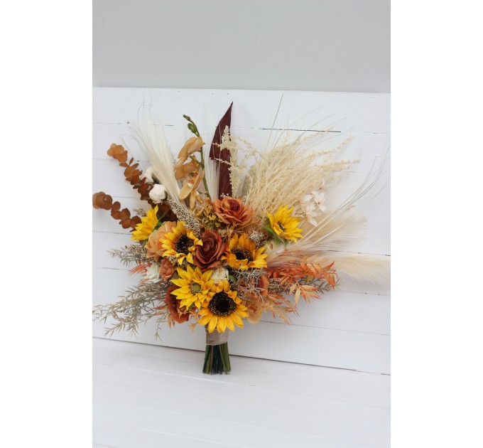 Sunflower & Pampas Grass Boho Bridal Bouquet | Orange, Rust & Beige Faux Wedding Flowers