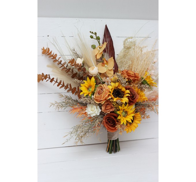 Sunflower & Pampas Grass Boho Bridal Bouquet | Orange, Rust & Beige Faux Wedding Flowers