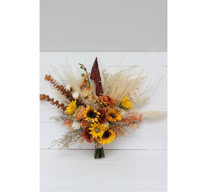 Sunflower & Pampas Grass Boho Bridal Bouquet | Orange, Rust & Beige Faux Wedding Flowers