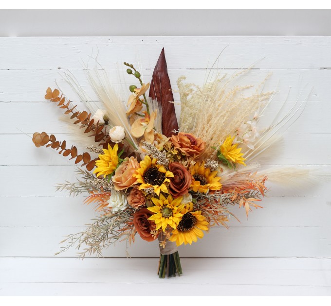 Sunflower & Pampas Grass Boho Bridal Bouquet | Orange, Rust & Beige Faux Wedding Flowers