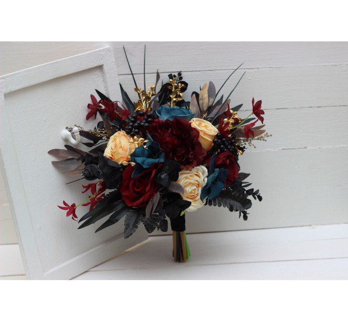 Dark Teal, Burgundy, Black, and Cream Wedding Bouquets – Dramatic Gothic Bridal Designs