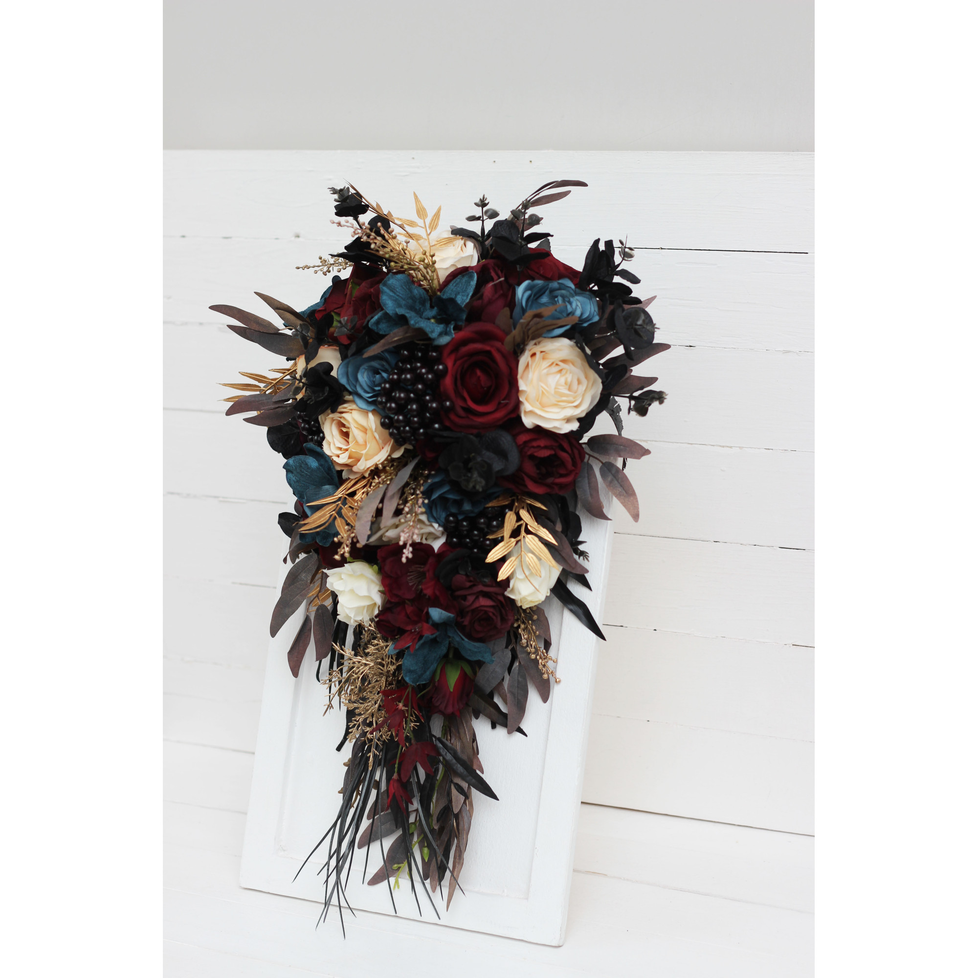 Dark Teal & Burgundy Cascading Bouquets – Faux Flowers for Moody Fall ...