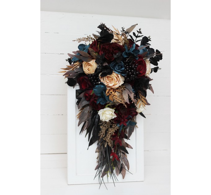 Dark Teal, Burgundy, Black, and Cream Wedding Bouquets – Dramatic Gothic Bridal Designs