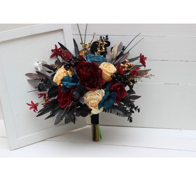 Wedding bouquets in dark teal burgundy black cream colors. Bridal bouquet. Cascading bouquet. Faux bouquet. Bridesmaid bouquet. 5136
